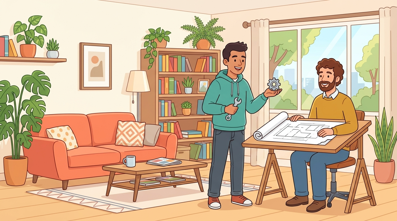 Two adult roommates in a bright living room: one holding a wrench and a small gear (the engineer), the other at a drafting table with blueprints (the architect), both smiling
